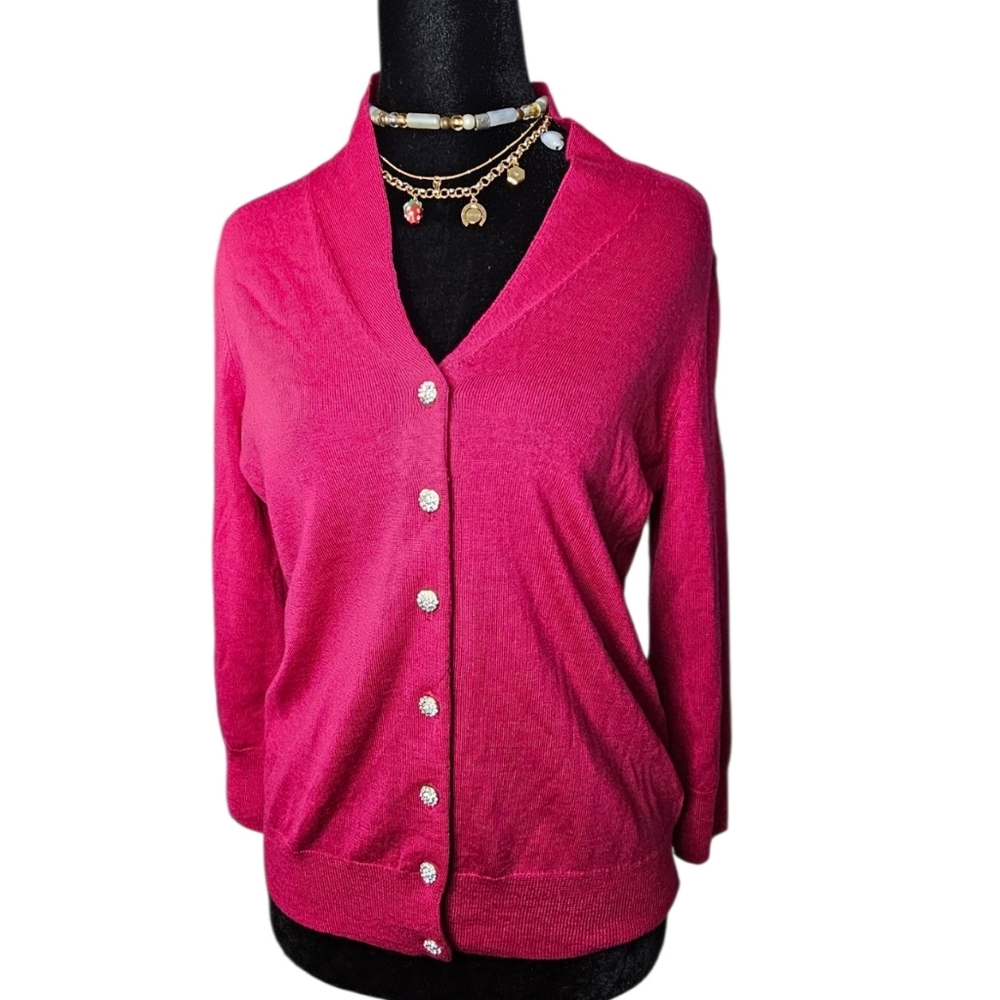 NWOT Talbots Petite S PURE Merino Wool Cardigan Fuchsia w/ Rhinestone Buttons &